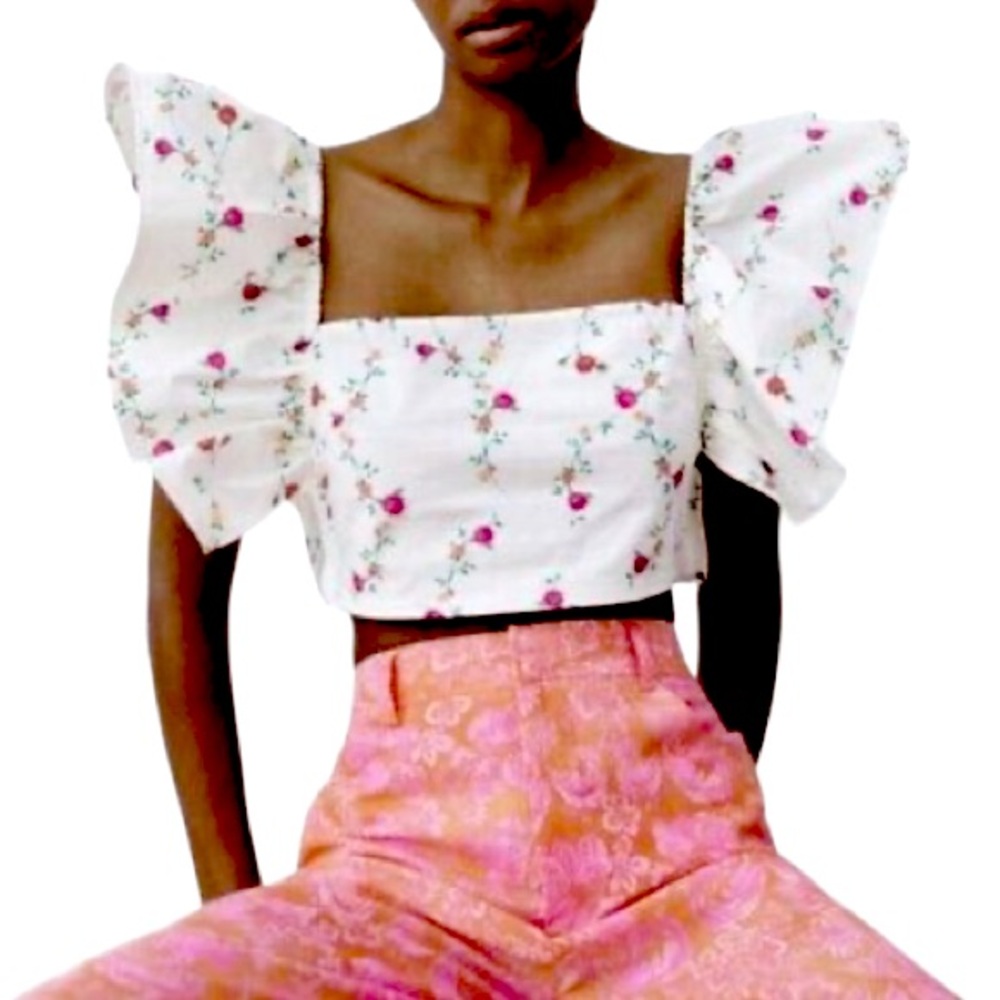 NWT Zara Floral Cropped Ruffle Shoulder Coquette Cottage Core Statement Top S